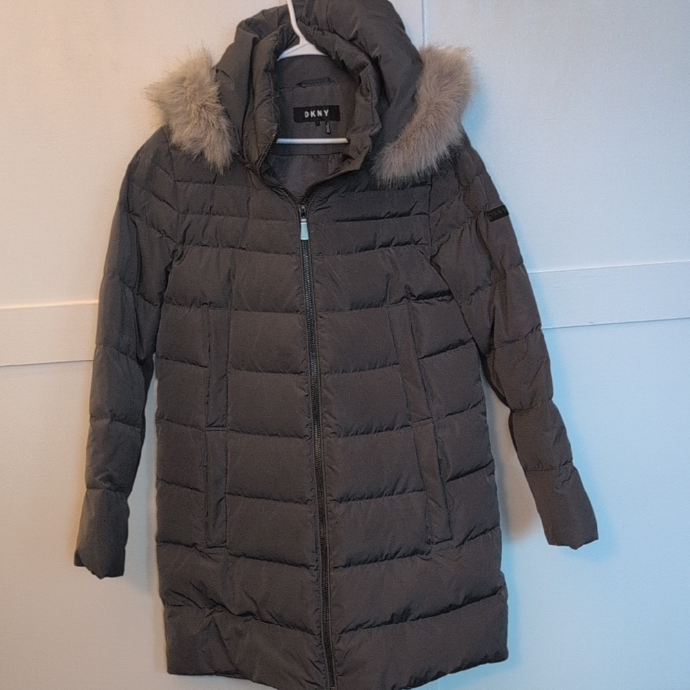 DKNY Women's Charcoal Puffer Jacket with Faux Fur Trim